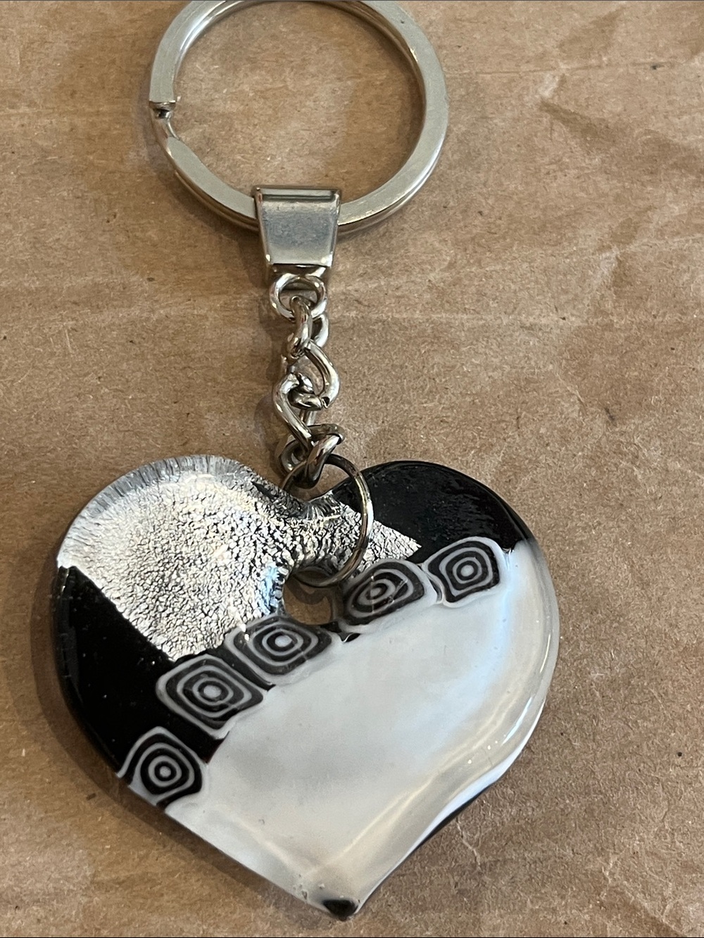 Hand blown glass keychain heart, black and silver, strong